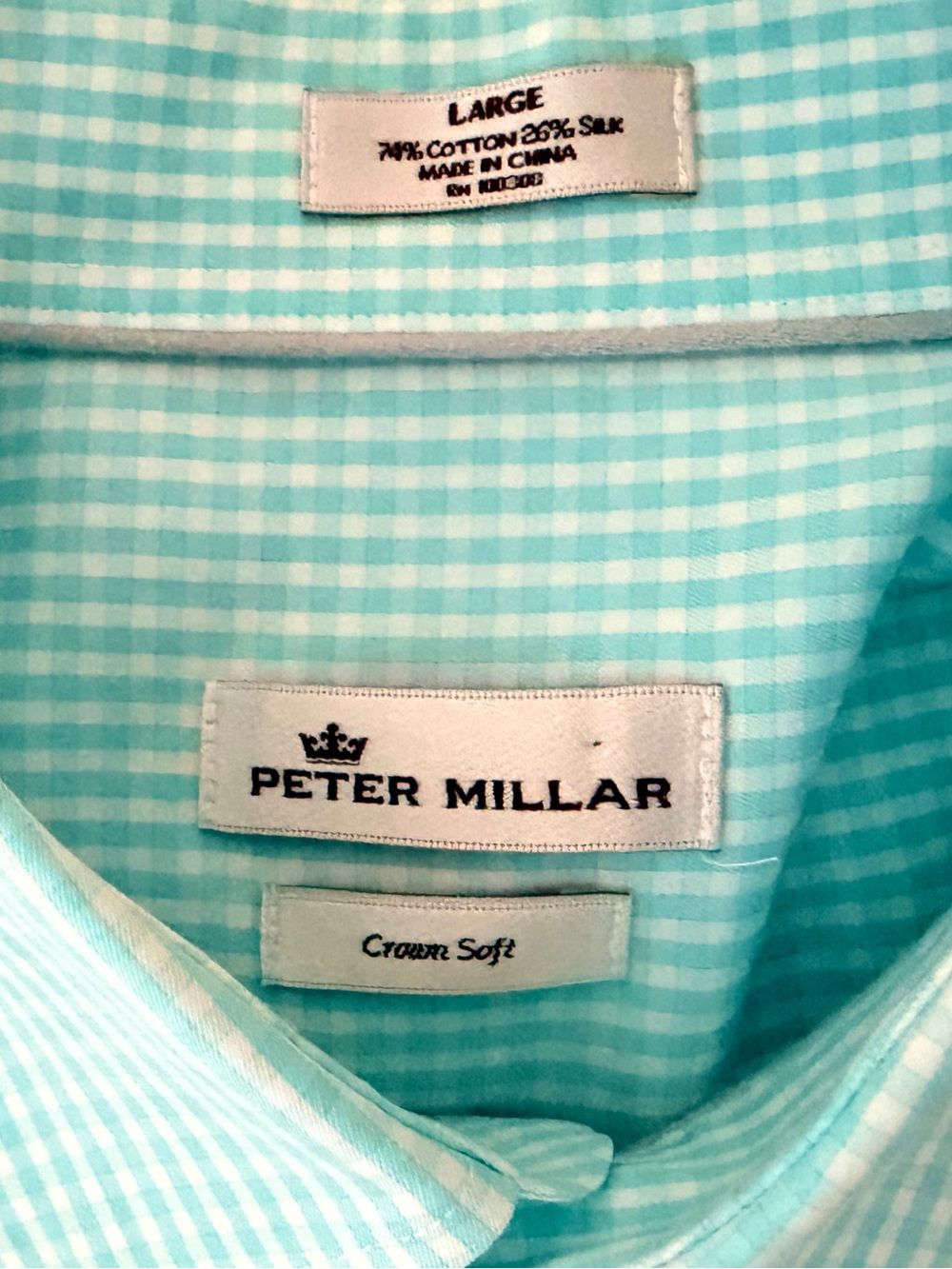 Peter Millar Crown Soft Orleans Gingham Sport Shirt Large Aqua Cotton Silk - Picture 6 of 8